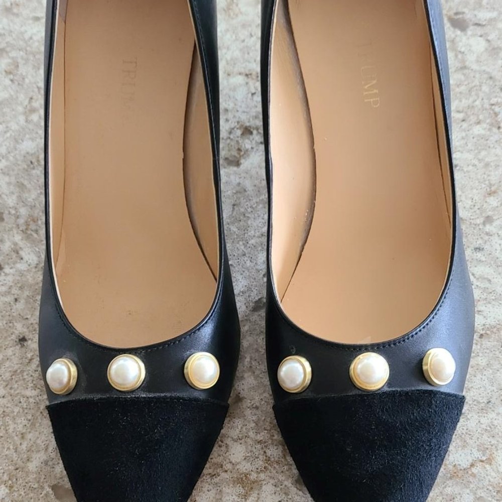 Ivanka Trump Black Leather and Suede Toe Pearl Heels